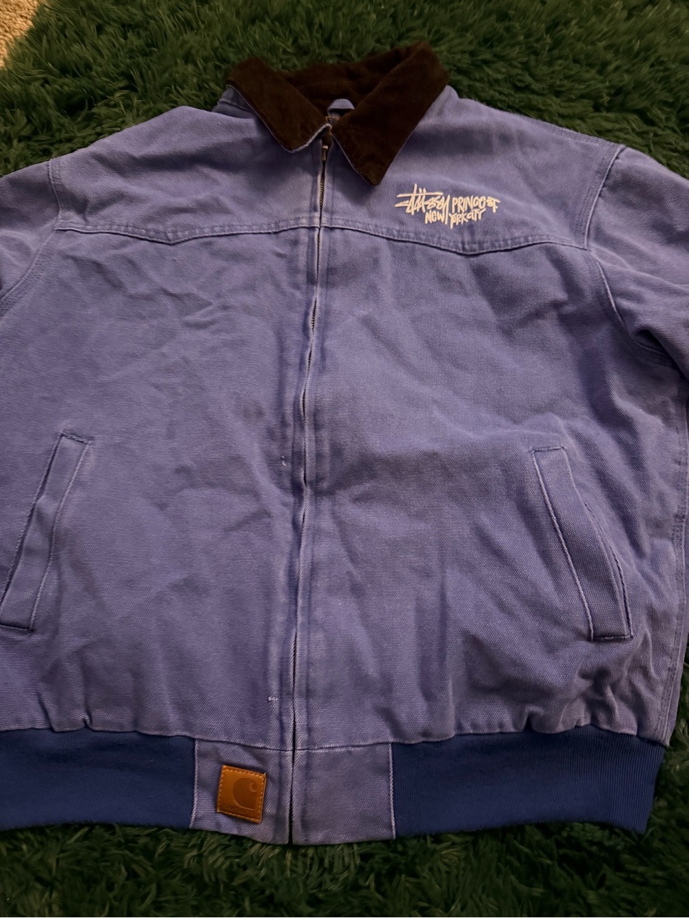 Stussy Blue Work Bomber Jacket with Brown Corduroy Collar